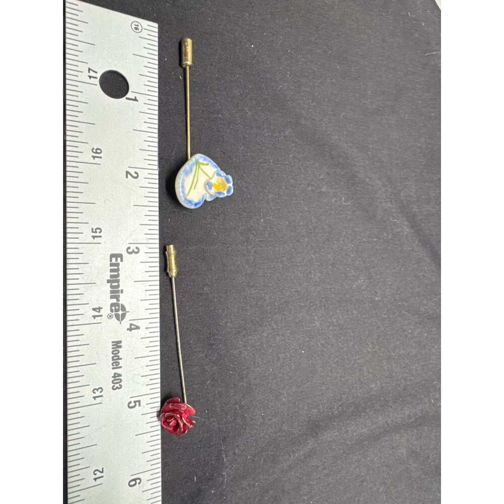 Vintage Artisan Enamel Flower Purple Iris Red Rose Floral Stick Pins Handcrafted - Picture 5 of 5
